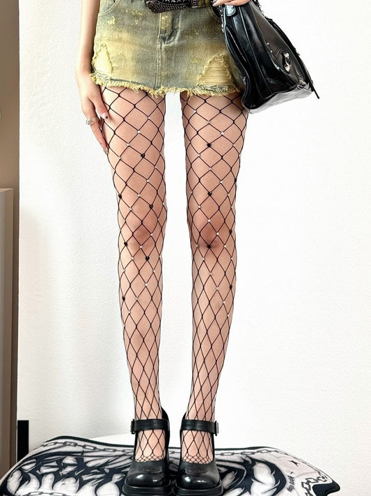Red/Black Y2K Rhinestone Decorated Fishnet Design Tights