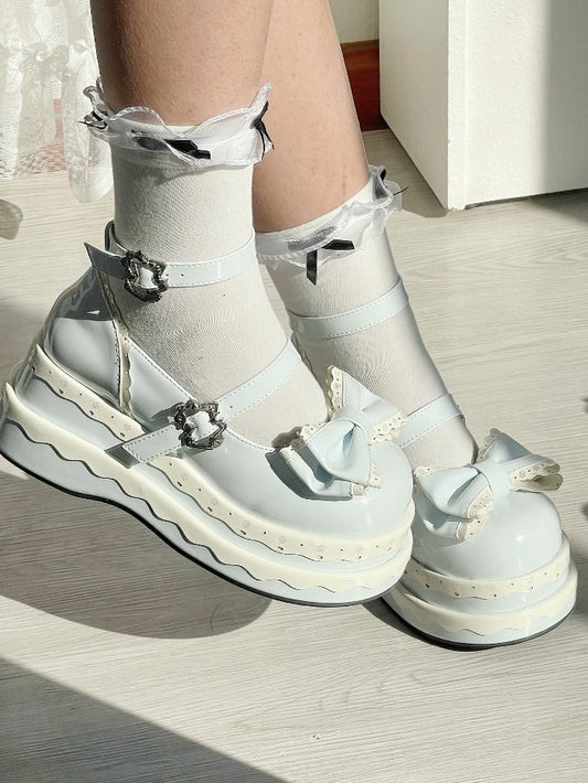 Lolita Cute Light Blue Bowknot Cake Pattern Buckle Straps Platform Shoes