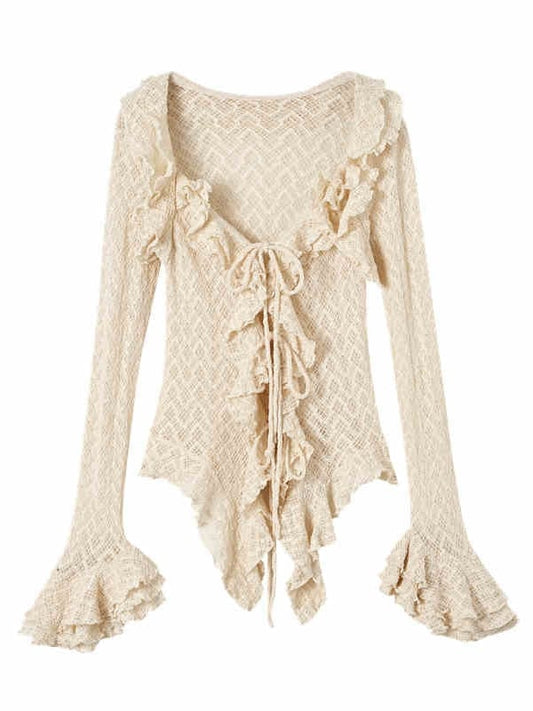 Apricot Vintage Ruffles Bell Sleeves Slim Fit Top