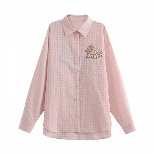 Adorable Bear Embroidery Pink Loose Plaid Shirt