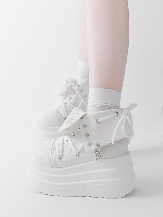 White Punk Spider Print Platform Sneakers
