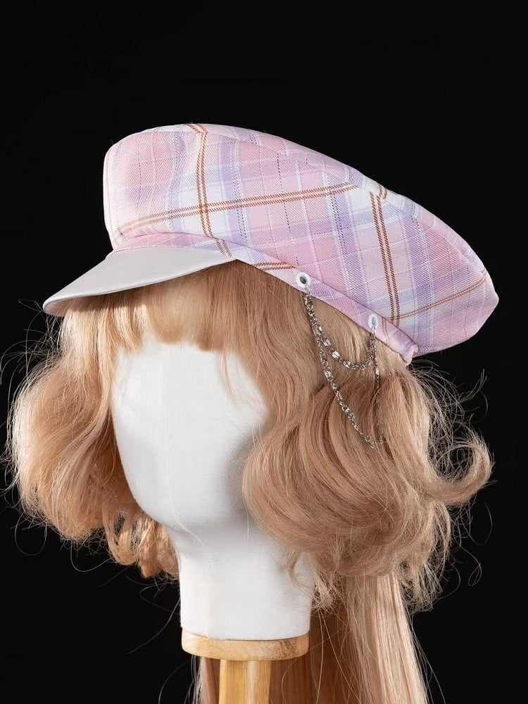 Pink / Gold / Blue Plaid Pattern Beret
