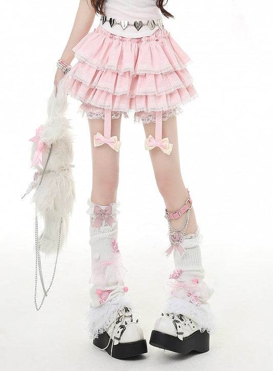 Y2K Red/Pink/Black Lace Trim Glamorous Tiered Skirt with Detachable Bowknot