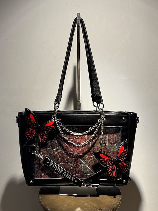 Red Detachable Butterfly Spiderweb Detail Black Ita Shoulder Bag