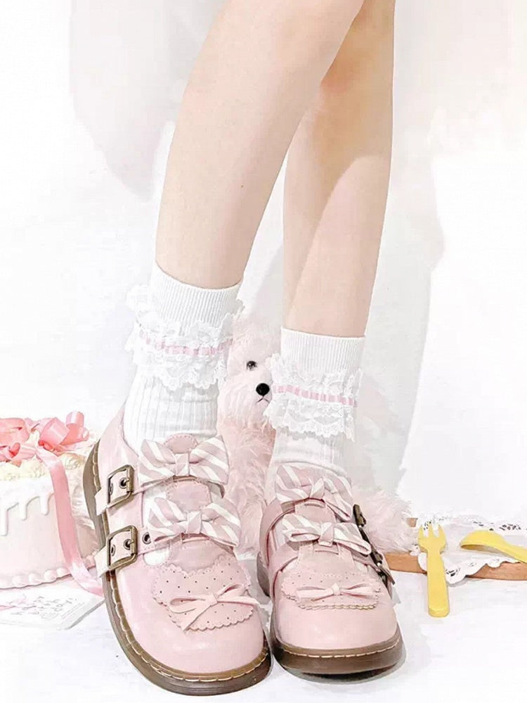 Pink Striped Pattern Bowknot Details Bear Design Lolita Flats