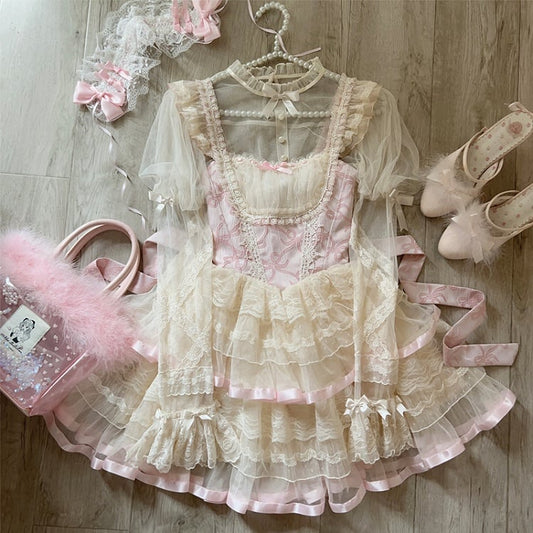 Pink Bows Print Basque Waist Balletcore Lolita Jumper Skirt