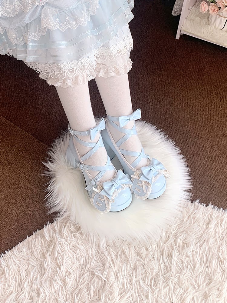 Blue Crisscross Design Bunny Ear Bowknot Sweet Lolita 8CM High Block Heels