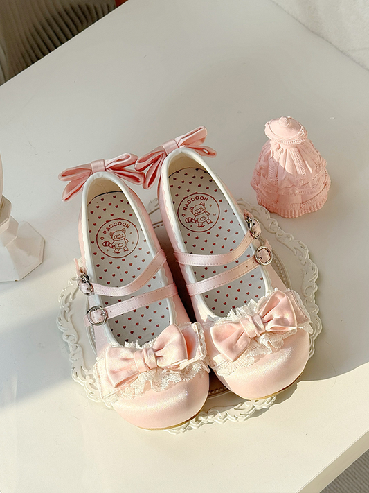 Sweet Pink Lolita Mid-heel Mary Janes - Ruffled Lace Edging, Ornate Bow & Dual Fasteners