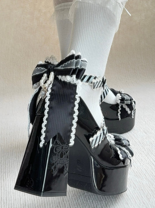 High Block Heel Elegant Black Mary Janes - Bowknot Details with Rhinestone Accents & Striped Closures