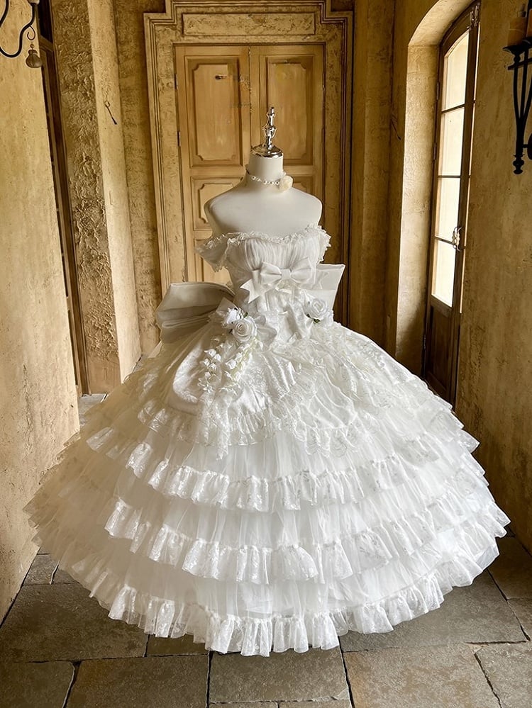 White Layered Ruffles Lace Shiro Lolita Dress with Bow Accents