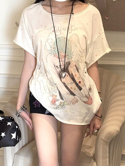 Cartoon Angel Print Apricot Round Neck T-shirt