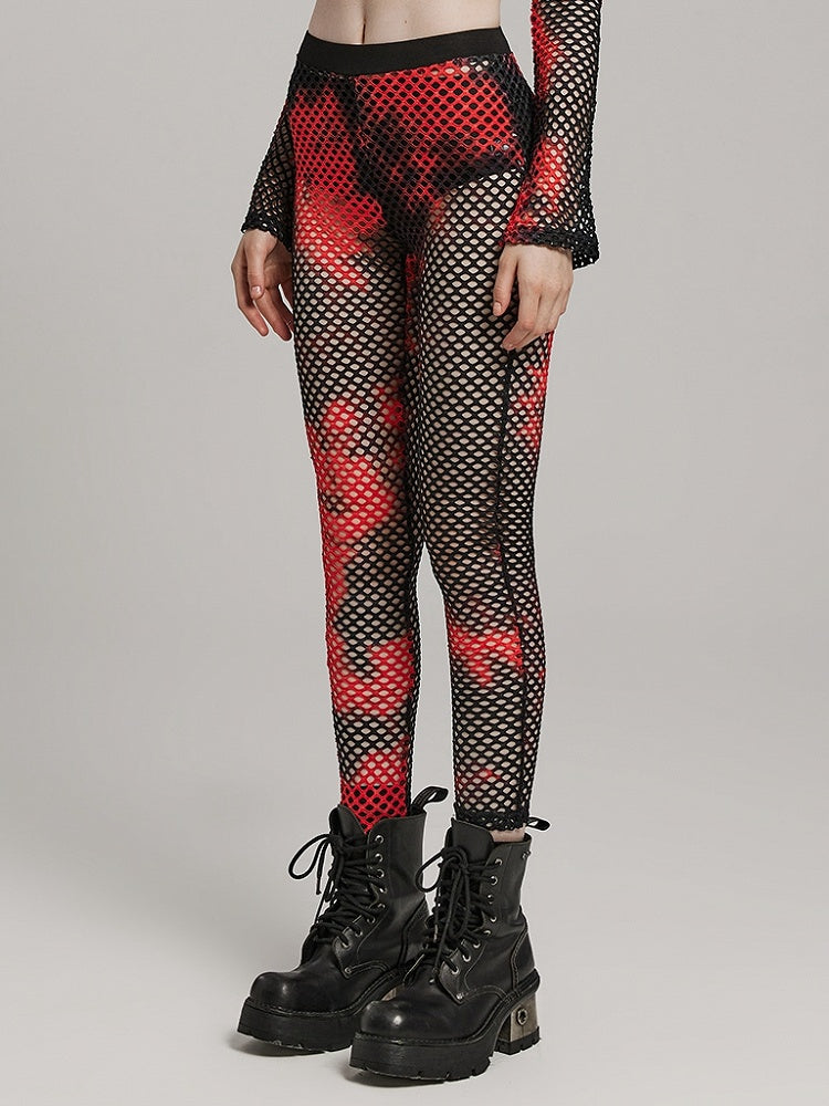 Black and Red Punk Tie-dyed Mesh Leggings
