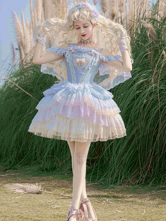 Blue Princess Lolita Corset Dress Floral Embroidery Jumper Skirt