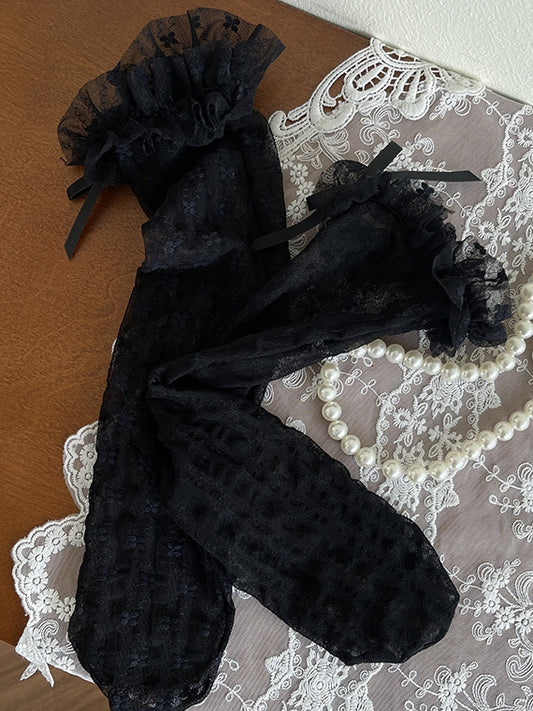 White/Beige/Black Floral Lace Trim Lolita Under-Knee Stockings