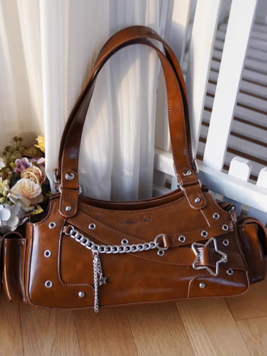 Brown PU Y2K Shoulder Ita Bag With Star Charm