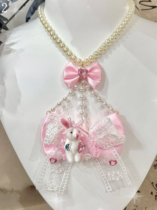 2 Options Rhinestone Heart And Plush Bunny Decorated Bowknot Pendant Beaded Necklace
