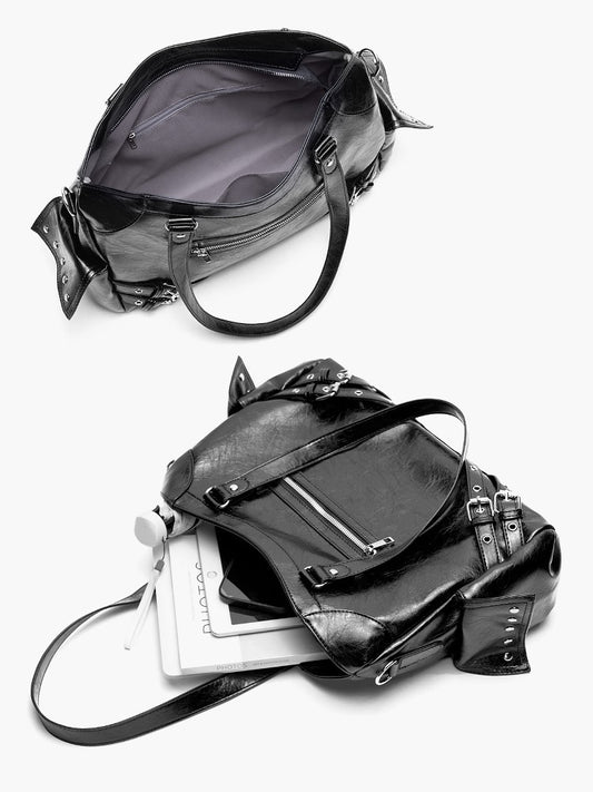 Black Studded Tote Bag With Buckle Strap Accents&Large Capacity