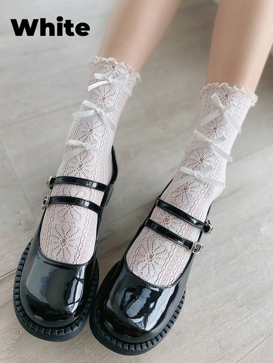 White/Light Yellow/Black Bows Daisy Calf Socks