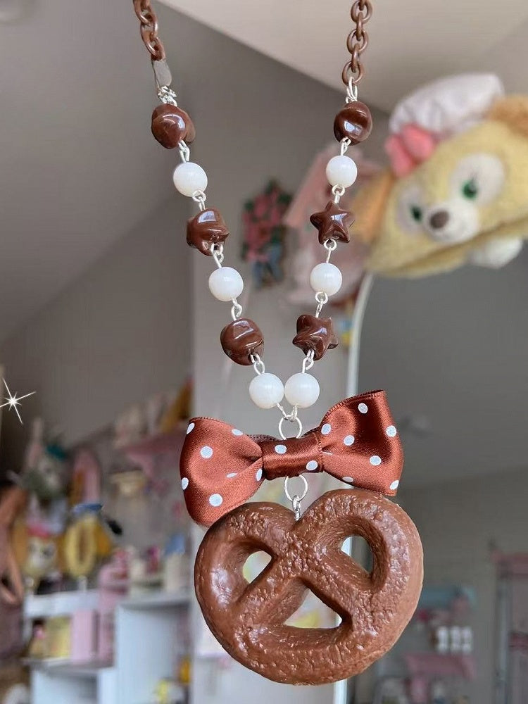 Pink/Brown Cookie And Bowknot Pendant Necklace
