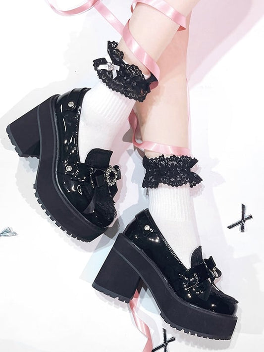 Polished Black Rhinestones Bow Accents Jirai Kei Platform Loafers