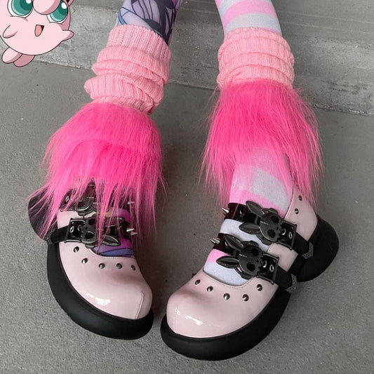 Skeleton Bunny Buckles Pink and Black Punk Mary Janes