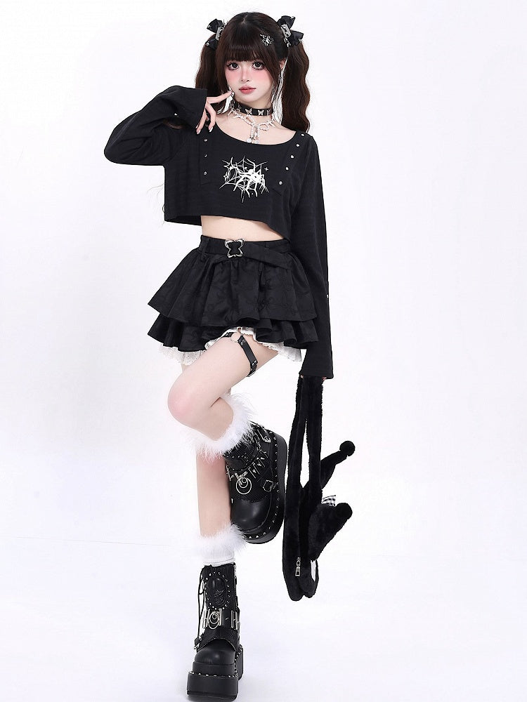 Black Bowknots Pattern Tiered Skirt