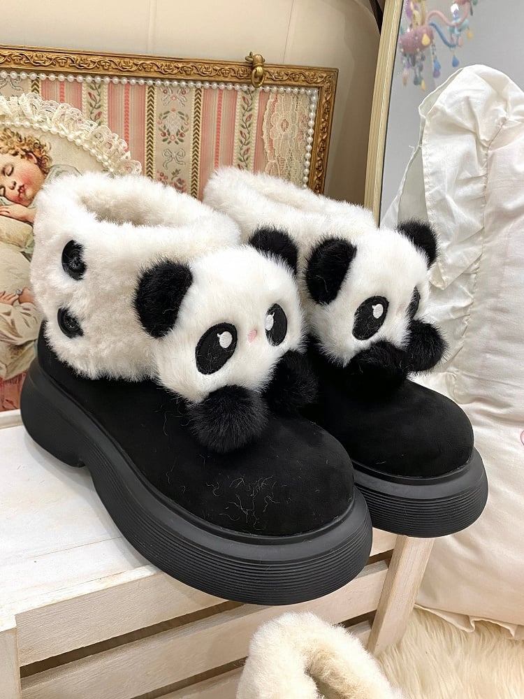 Black Sweet Lolita Platform Snow Boots - Panda Design with Plush Cuff