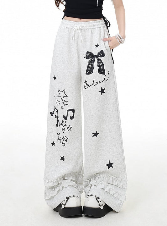 Black/Light Gray Bow and Star Print Vintage Wide-Leg Pants