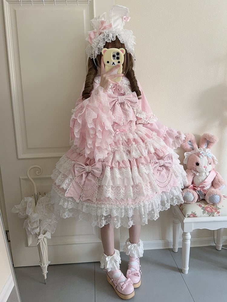 Pink Bead Chain Big Bows Decoration Tiered Skirt Hanayome Lolita Dress