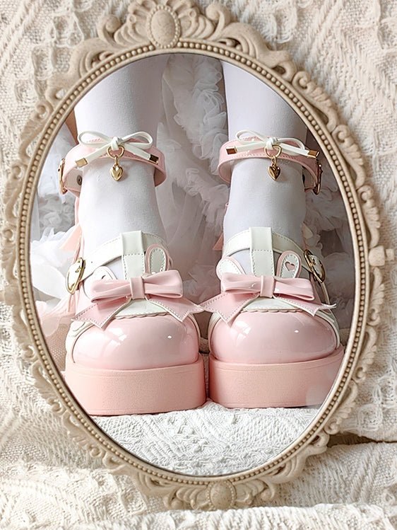 Polished Pink Sweet Lolita Heart Details Bunny Ear Bow at Top T-strap Platforms