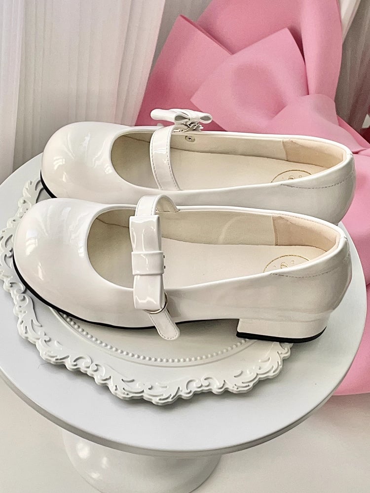 PU White Sweet Lolita Mary Janes - Low Heel with Bow Accents Snap-Fastening