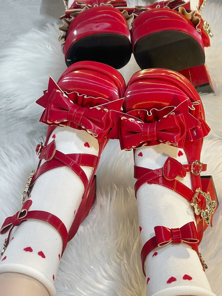 Red Bear Buckle Straps Bowknot High Block Heels with Bear Embroidery