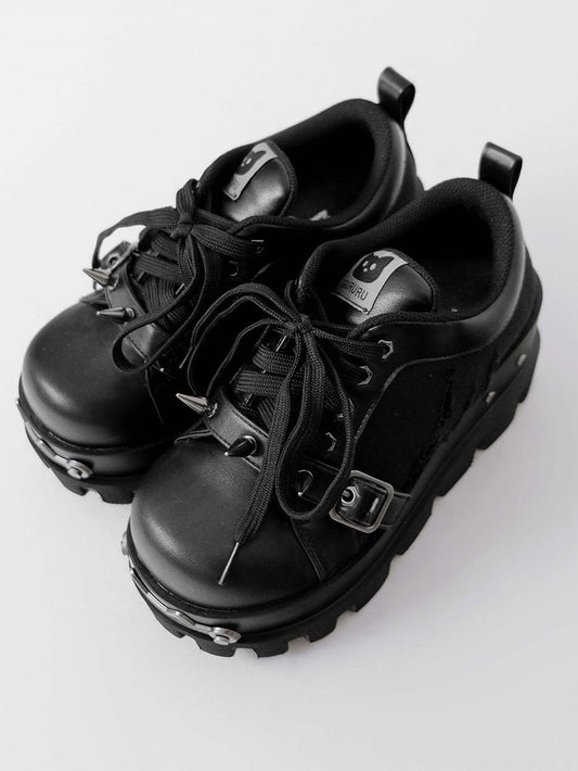 Black Punk Studs Details Buckle Strap Front Lace-up Ties Platforms