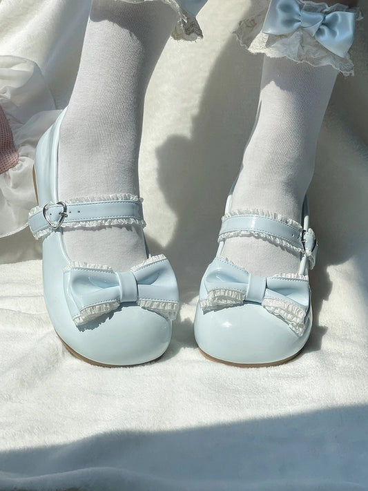 Light Blue Sweet Lolita Low-heel Mary Janes with Ruffle Accents, Heart Closure & Bow Embellishments