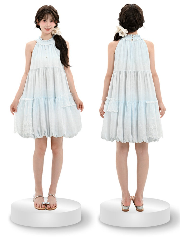 Light Blue Ruffled Halter Neck Bead Buttons Sleeveless Dress Bubble Skirt