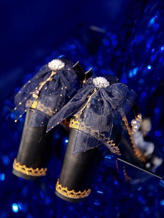 Black & Dark Blue Bowknot and Floral 5.5CM/8CM Lolita Block Heels