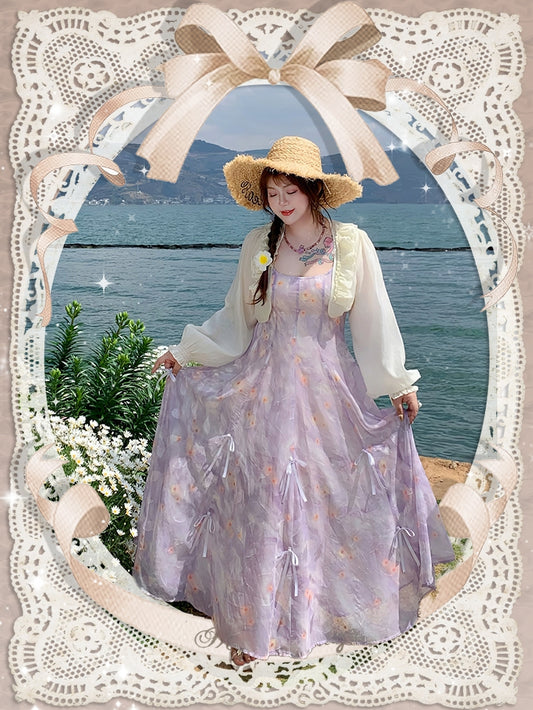 Plus Size Purple Bowknots Details Chiffon Floral Cami Dress Three Ways Wear