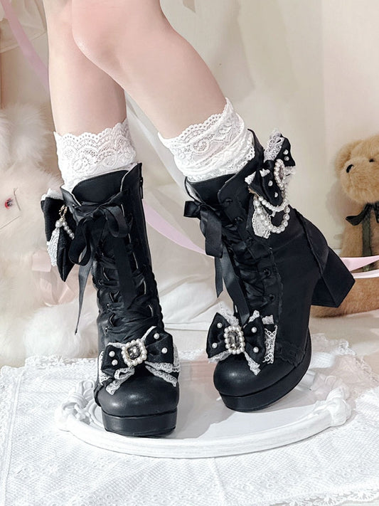 Black Sweet Lolita Mid-Calf Boots - Sparkling Beaded Bow Accents & Functional Lace+Zip Design