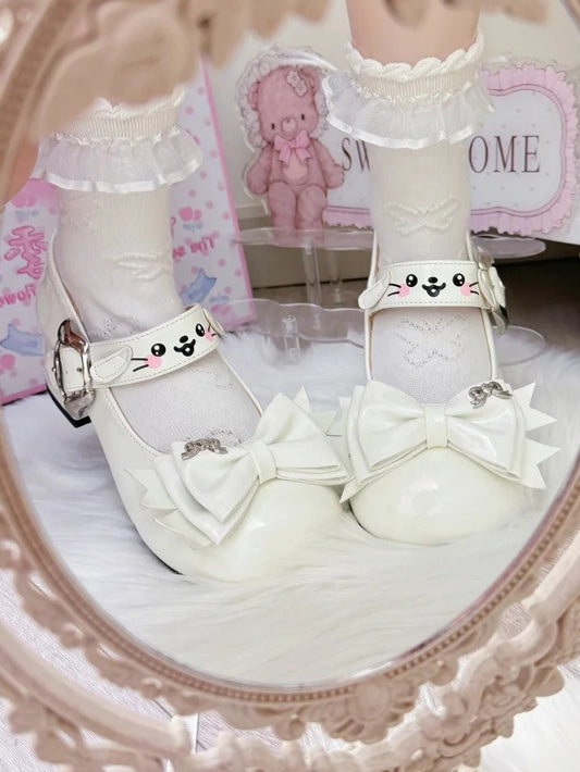 White Sweet Lolita Mid-heel Mary Janes with Puppy Details & Top Bow