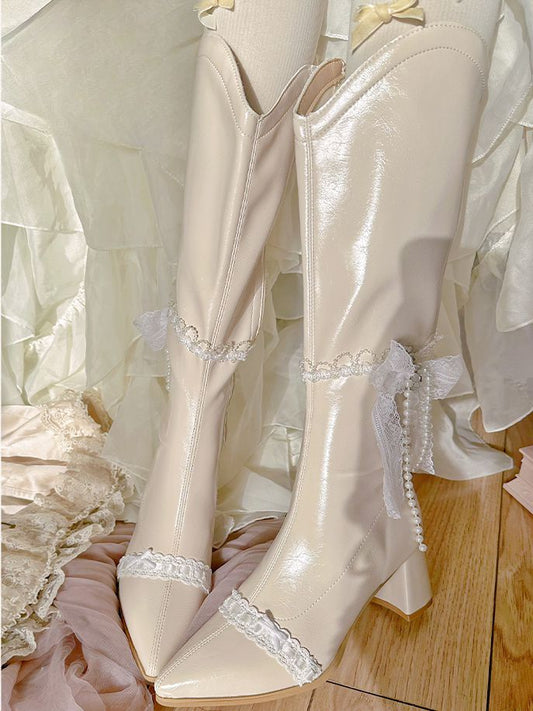 Beige Pointed Toe Lace and Beaded Chain 7CM Block Heel Knee-high Boots