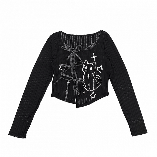 Y2K Red/Gray Plaid Cami Top with Kitten Print Black Coverup Set