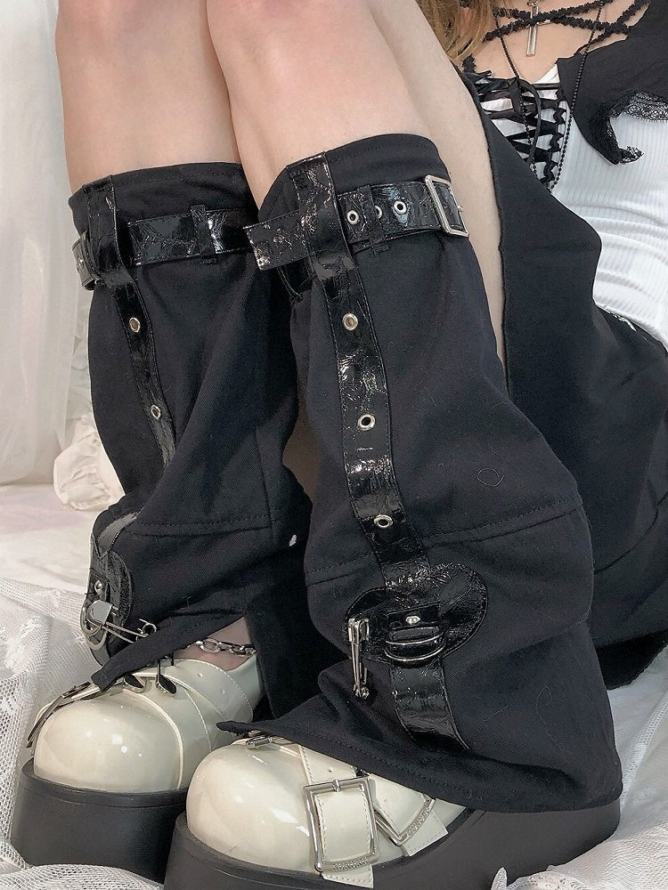Black Punk Buckles Decorated Pin Details Leg Warmers