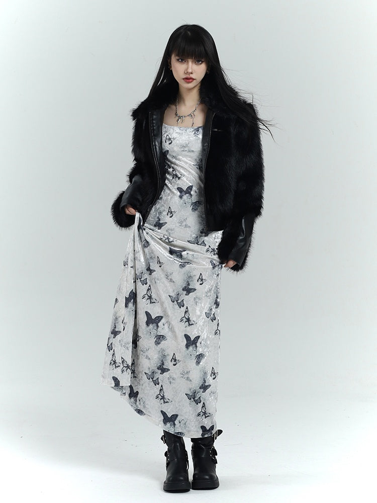 White Velvet Butterfly Print Slim-fitting Dress
