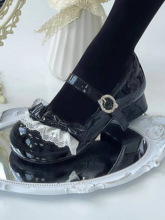 Sweet Black Lolita Low Heels - PU Leather with Round Toe, Delicate Lace & Bow Details