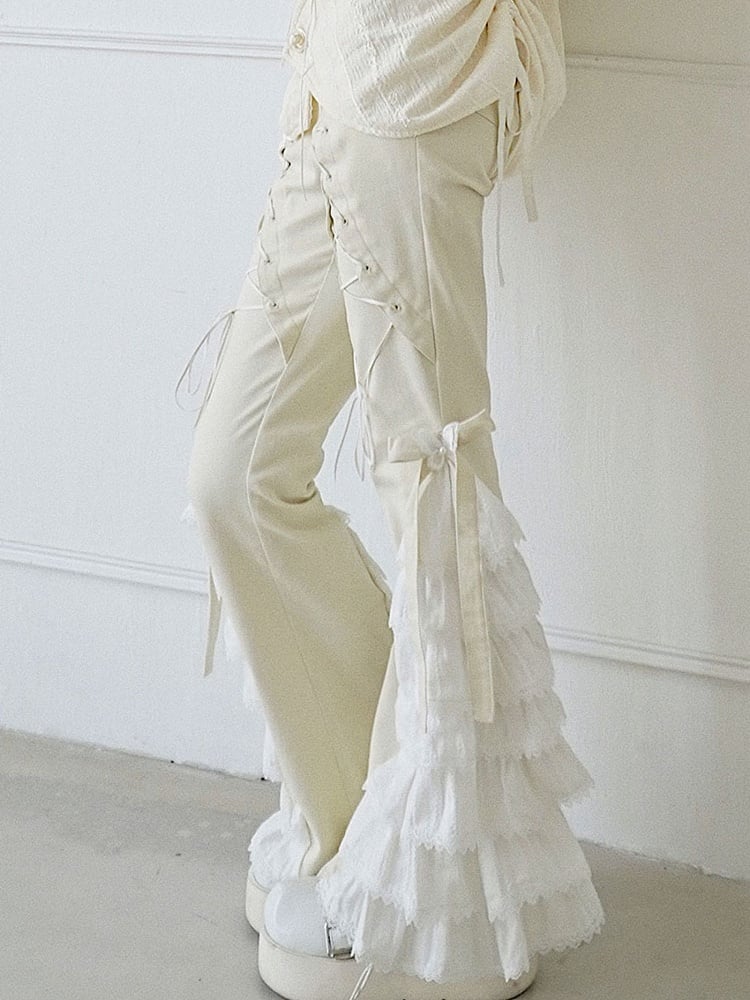 Lace-up Detail Beige Tiered Design Flared Pants with Bowknots and Butterflies