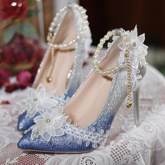 Dark Blue Glittering Floral Detachable Beaded Chain 7CM/9CM Hime Lolita High Heels
