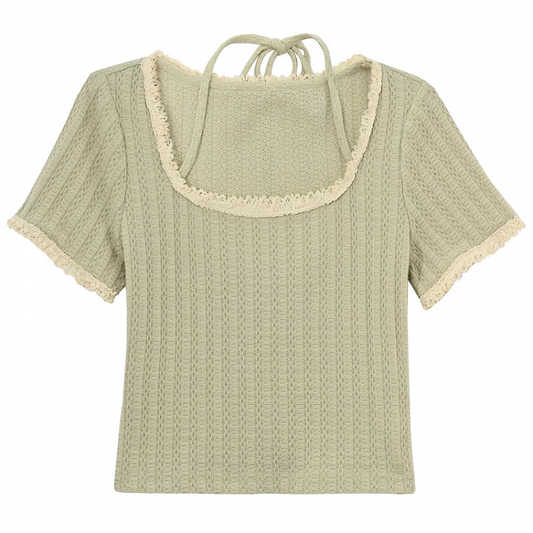 Mori Kei Light Green Round Neck Halter Neck Lace Trim T-Shirt