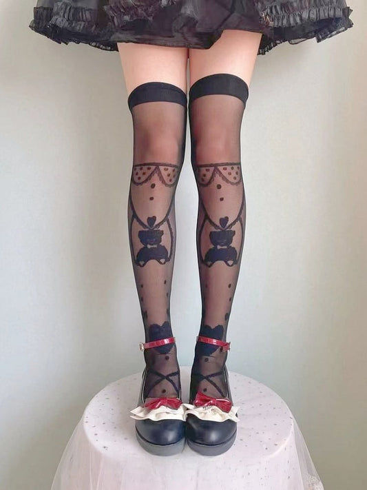 White/Black Teddy Bear and Heart Pattern Over Knee Stockings