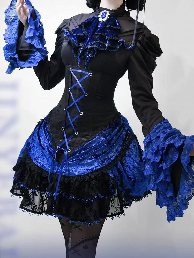 Black and Klein Blue Layered Bell Sleeves Gothic Lolita Shirt