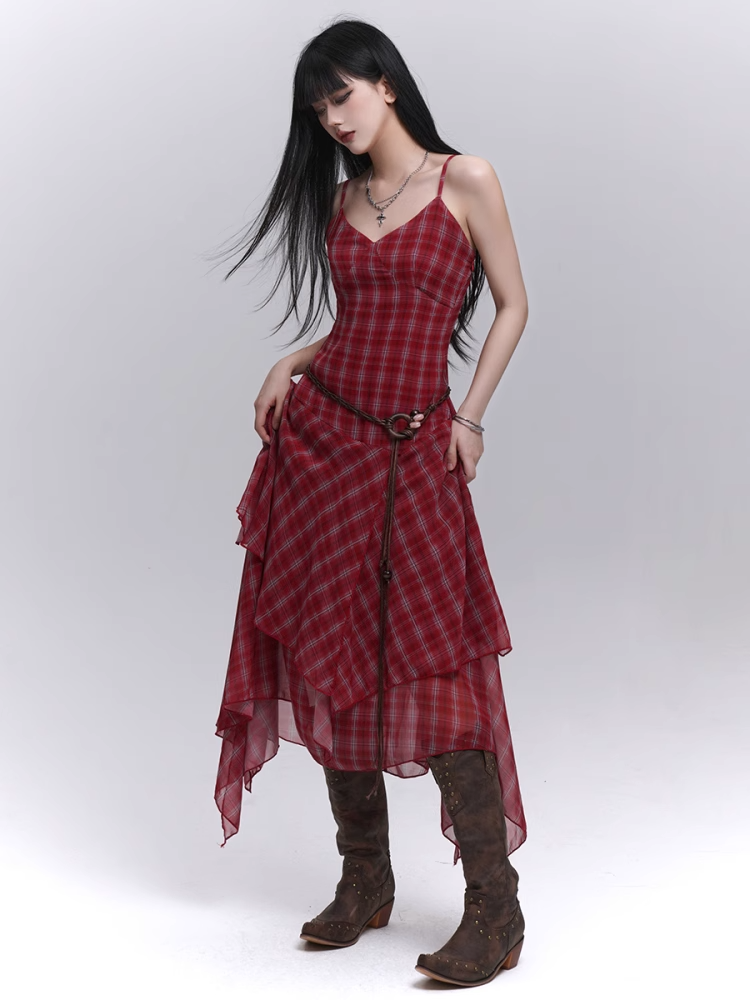Red Plaid V-Neck Handkerchief Hem Cami Dress